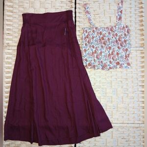 Top & Skirt | Scrunchy Floral Sleeveless Top & Rayon Midi Skirt With Slit